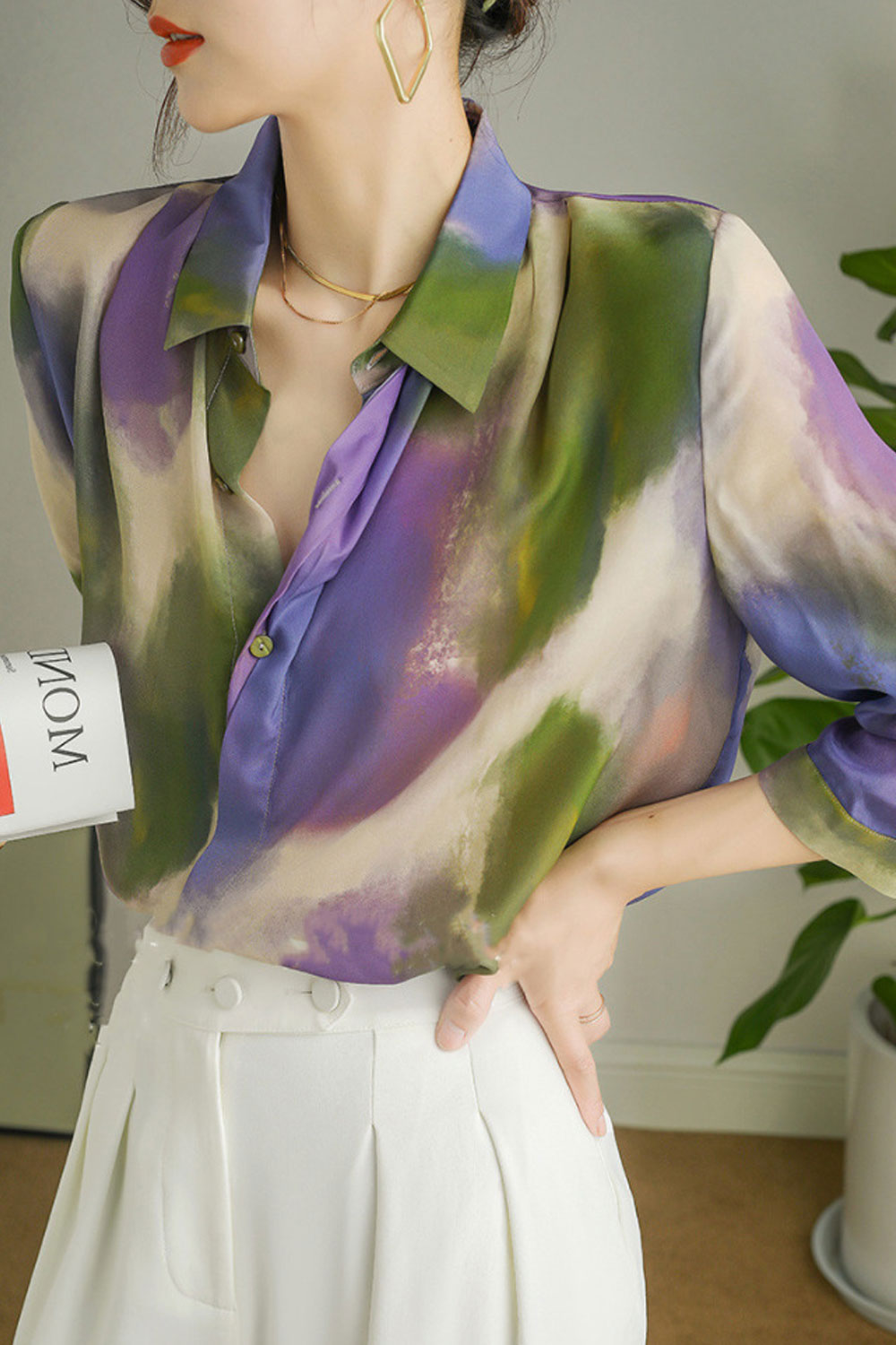 Women's Summer Design Chic Three-Quarter Sleeve Gradient Contrast Color Shirt