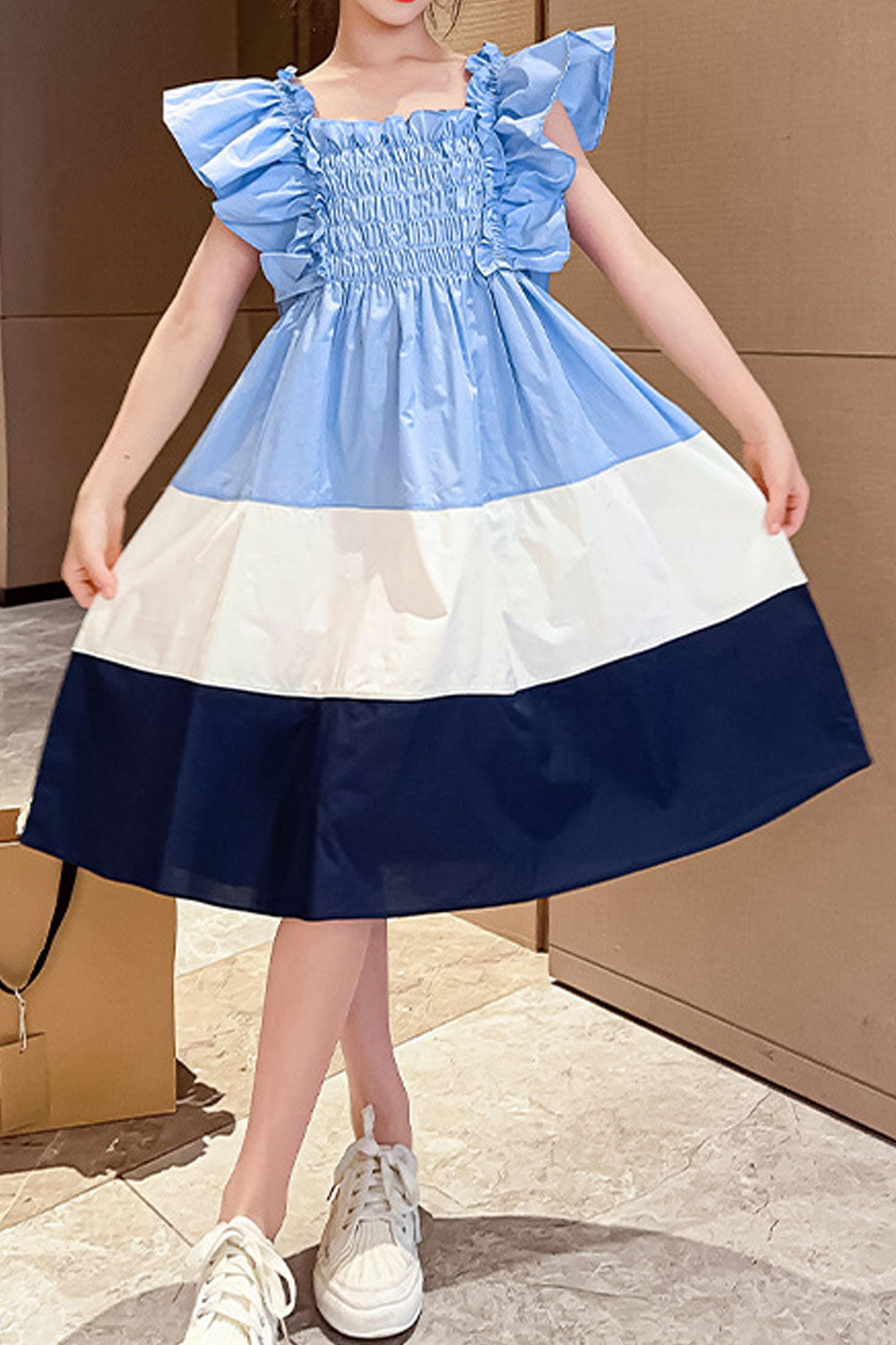 Kids Girls New Flying Sleeve Vest Style Cotton Stitching Princess Summer Dress