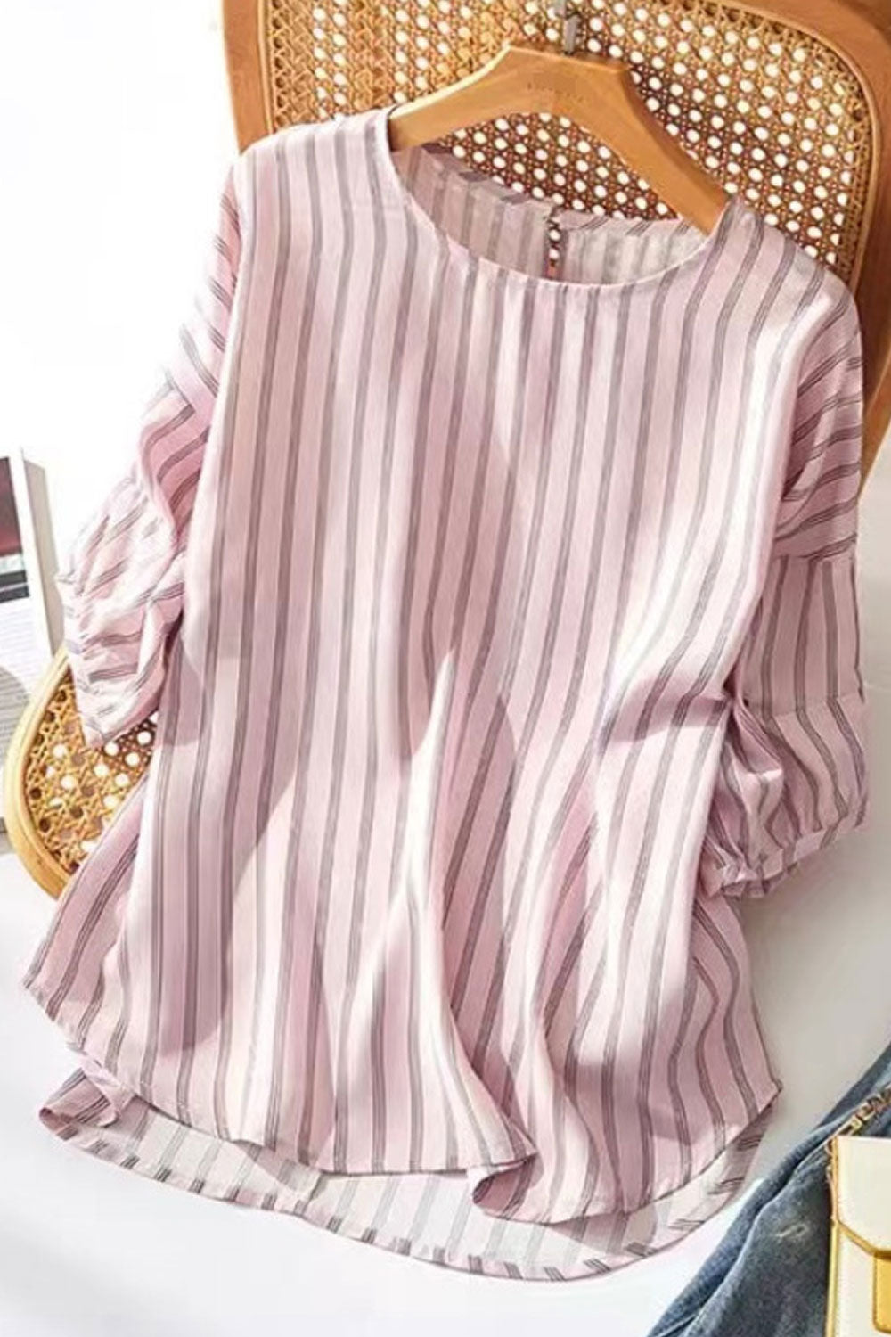 Women's Striped Chiffon Printed Shirt Round Neck Loose Dropped Shoulder Shirt Top