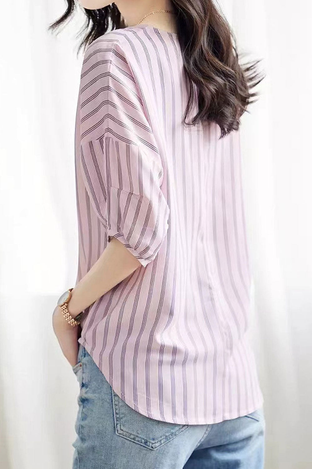 Women's Striped Chiffon Printed Shirt Round Neck Loose Dropped Shoulder Shirt Top