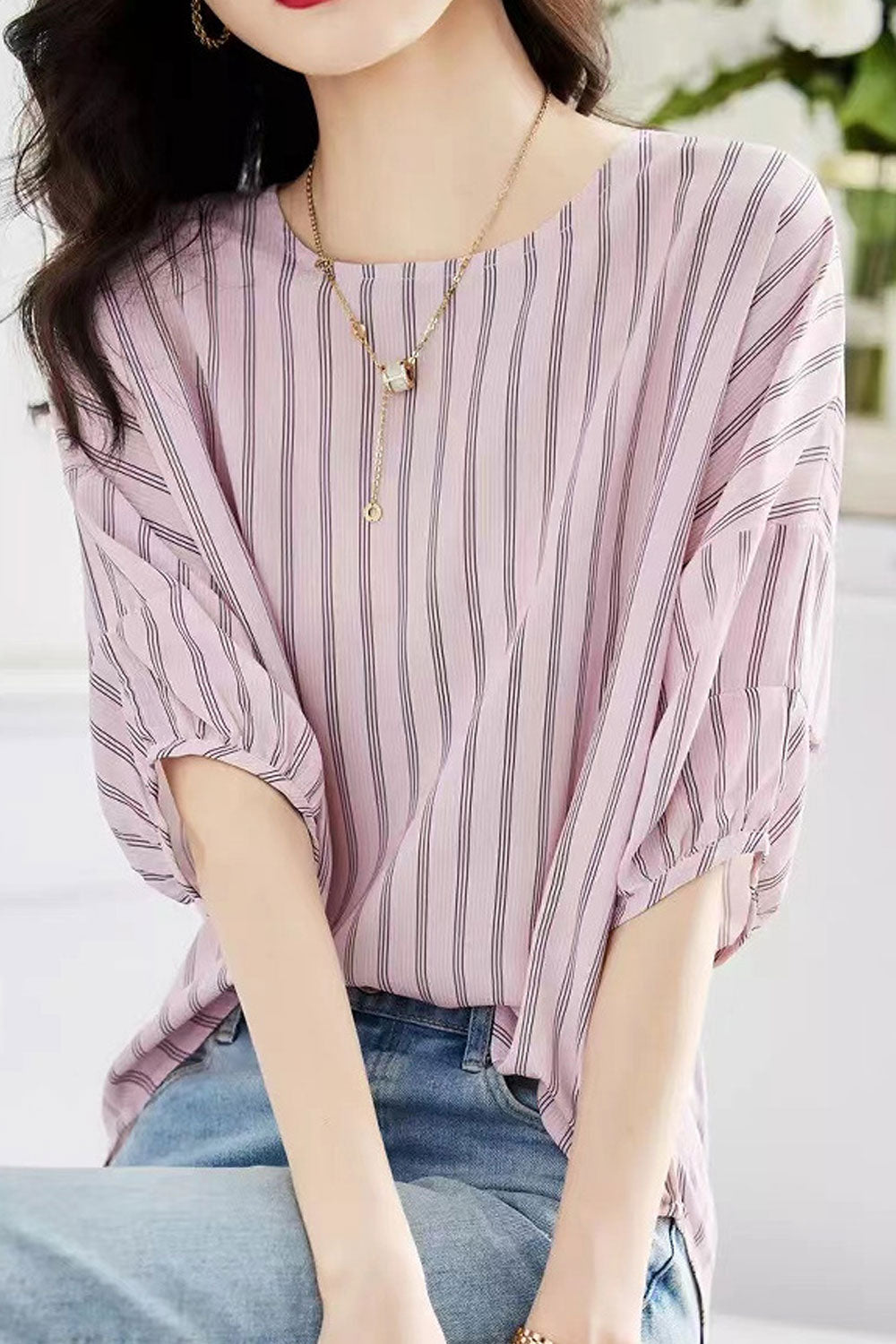 Women's Striped Chiffon Printed Shirt Round Neck Loose Dropped Shoulder Shirt Top