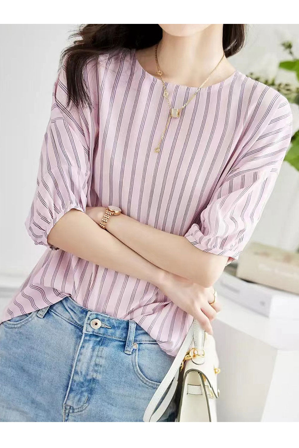 Women's Striped Chiffon Printed Shirt Round Neck Loose Dropped Shoulder Shirt Top