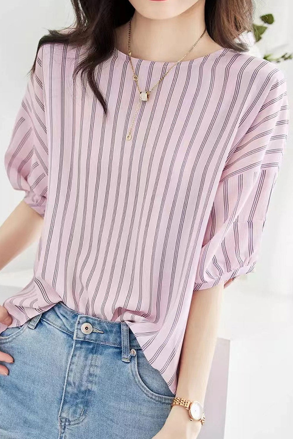 Women's Striped Chiffon Printed Shirt Round Neck Loose Dropped Shoulder Shirt Top