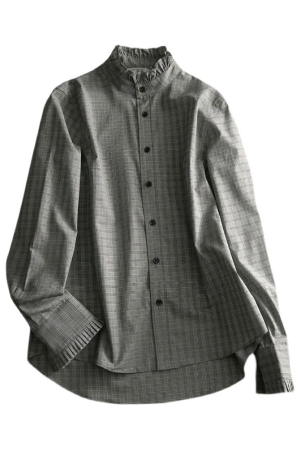 Women New Fashion Beautiful Retro Niche Sense Design Stand Collar Long Sleeves Plaid Pattern Temperament Commuting Style Summer