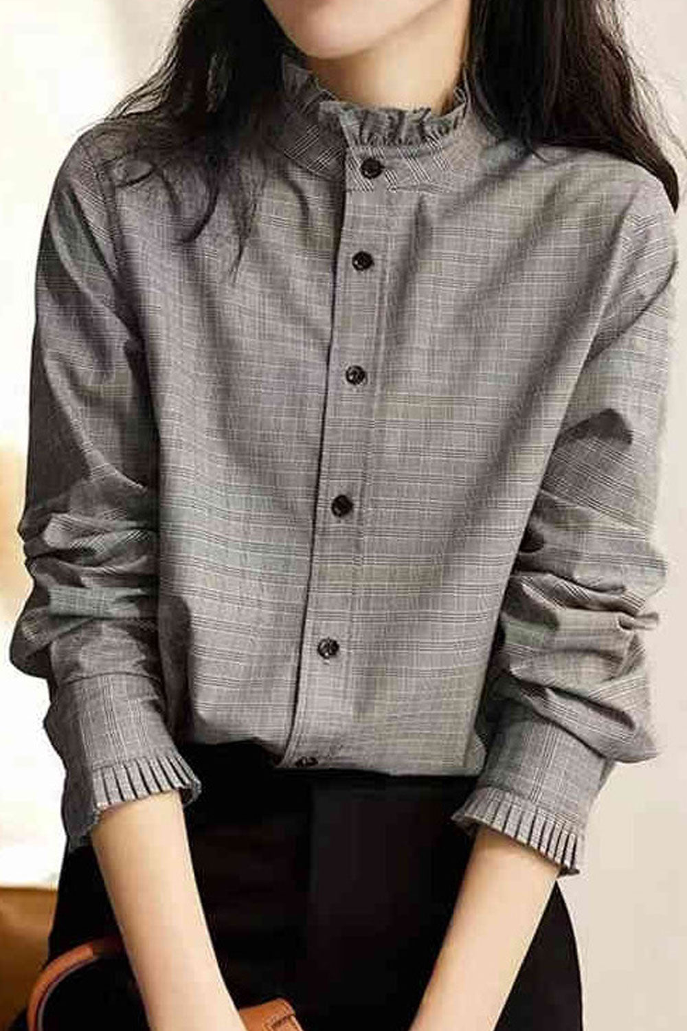Women New Fashion Beautiful Retro Niche Sense Design Stand Collar Long Sleeves Plaid Pattern Temperament Commuting Style Summer