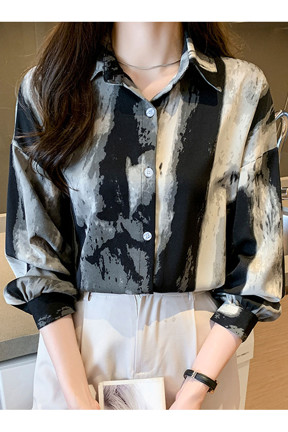 Women New Beautiful Design Collar Neck Long Sleeved Abstract Pattern Contrast Color Commuter Style Summer Casual Loose Chiffon S