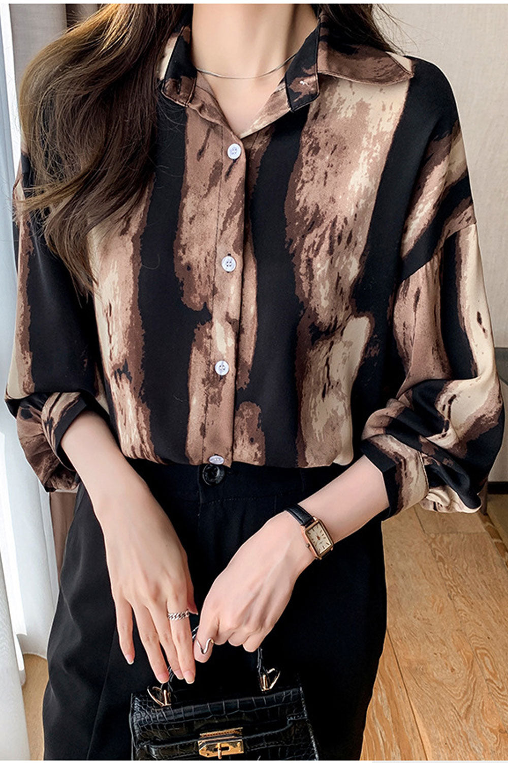 Women New Beautiful Design Collar Neck Long Sleeved Abstract Pattern Contrast Color Commuter Style Summer Casual Loose Chiffon S
