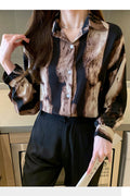 Women New Beautiful Design Collar Neck Long Sleeved Abstract Pattern Contrast Color Commuter Style Summer Casual Loose Chiffon S