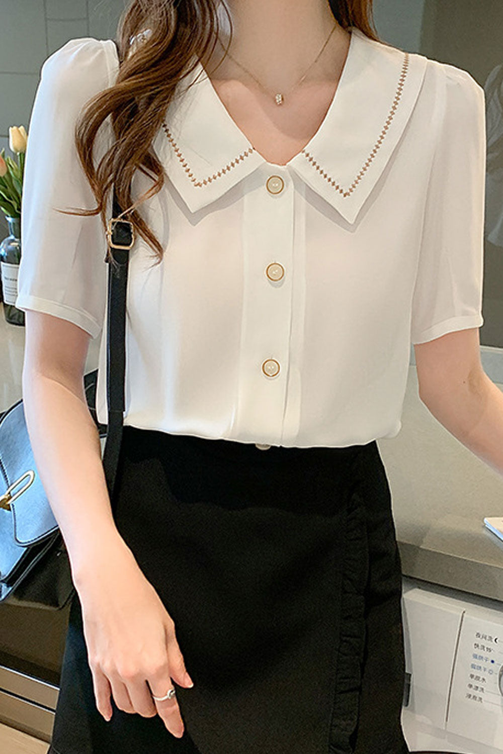 Women New Chic Sense Design Fashion Doll Collar Short Sleeves Solid Color Mori Style Summer Casual Trendy Loose Chiffon Shirt