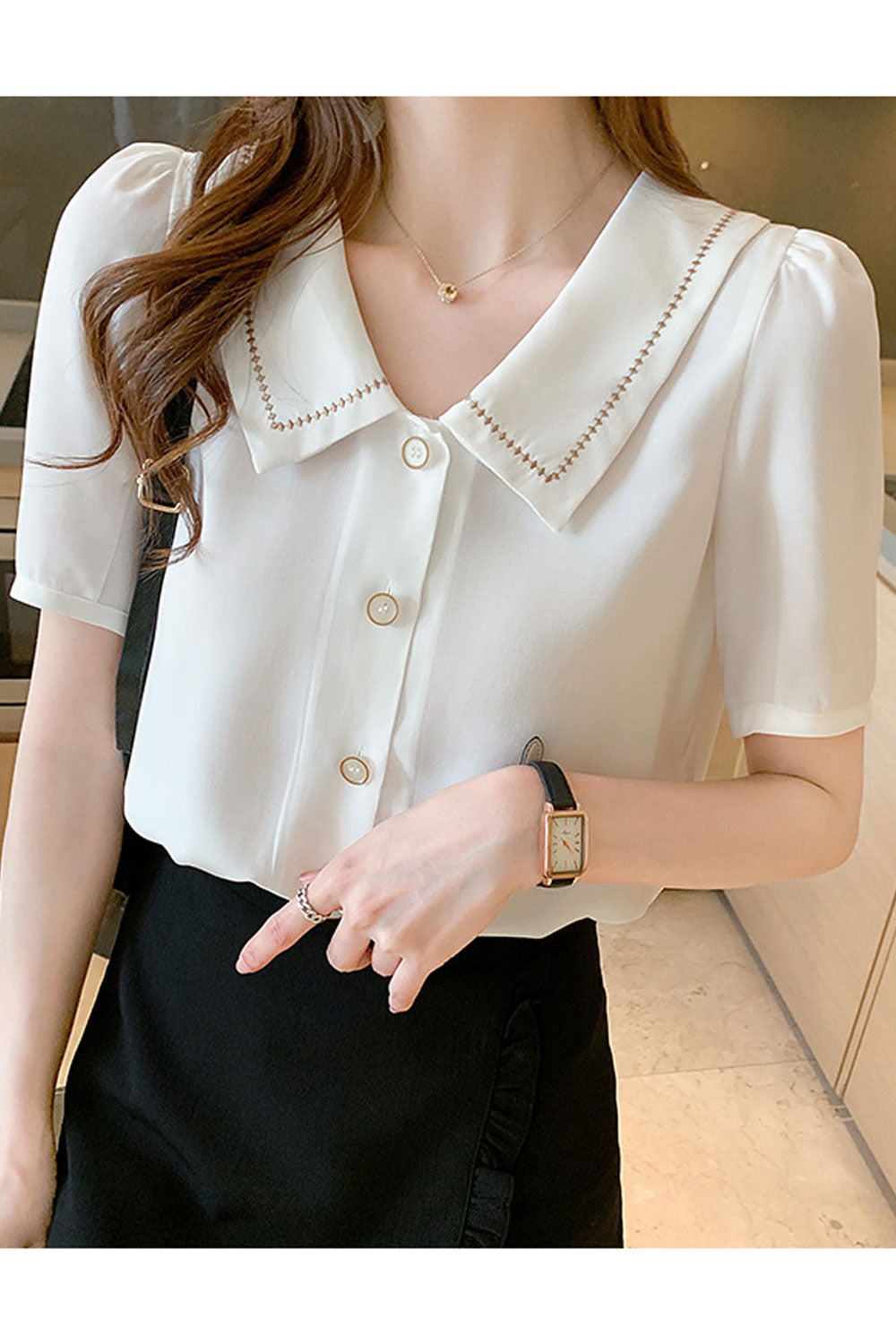 Women New Chic Sense Design Fashion Doll Collar Short Sleeves Solid Color Mori Style Summer Casual Trendy Loose Chiffon Shirt