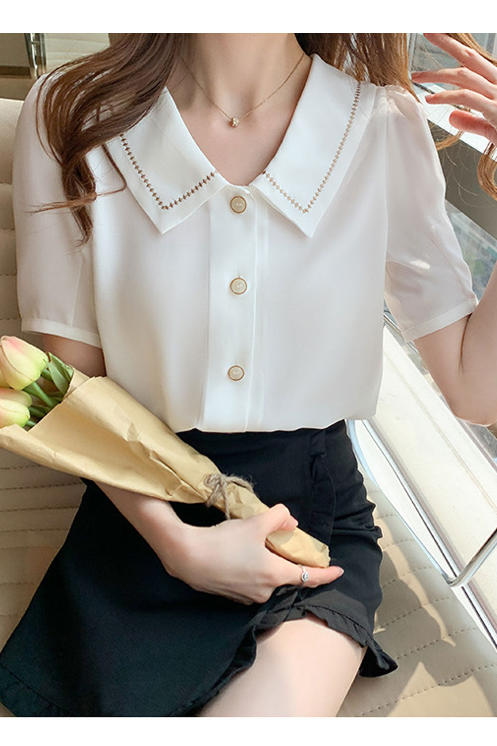 Women New Chic Sense Design Fashion Doll Collar Short Sleeves Solid Color Mori Style Summer Casual Trendy Loose Chiffon Shirt