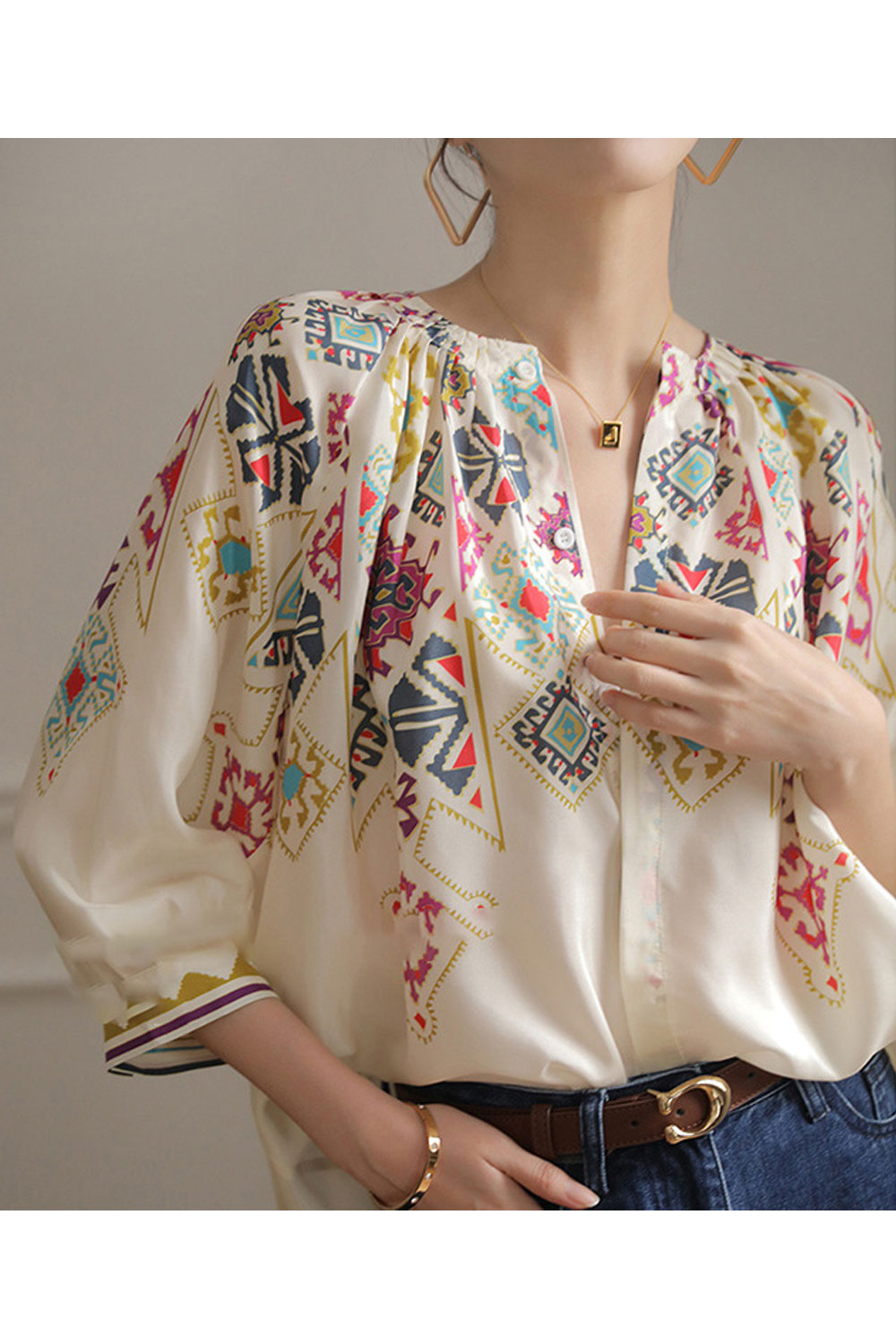 Women New Niche Sense Fashion Round Neck Ethnic Wind Style Three- Quarter Sleeves Printed Summer Loose Top