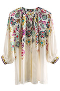 Women New Niche Sense Fashion Round Neck Ethnic Wind Style Three- Quarter Sleeves Printed Summer Loose Top