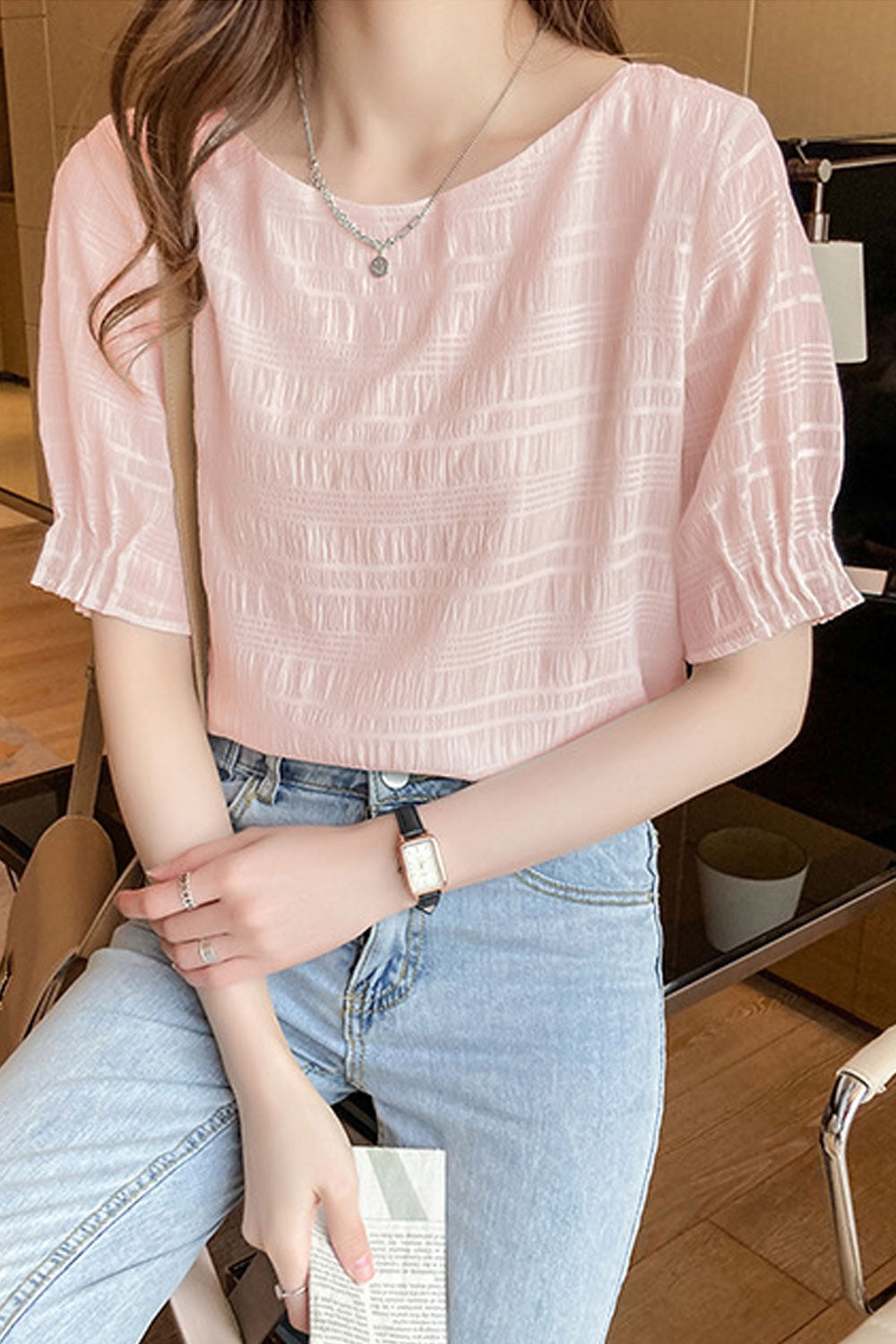 Women New Fashion Beautiful Round Neck Short Lantern Sleeves Temperament Solid Color Summer Sweet Style Super Fairy Loose type C