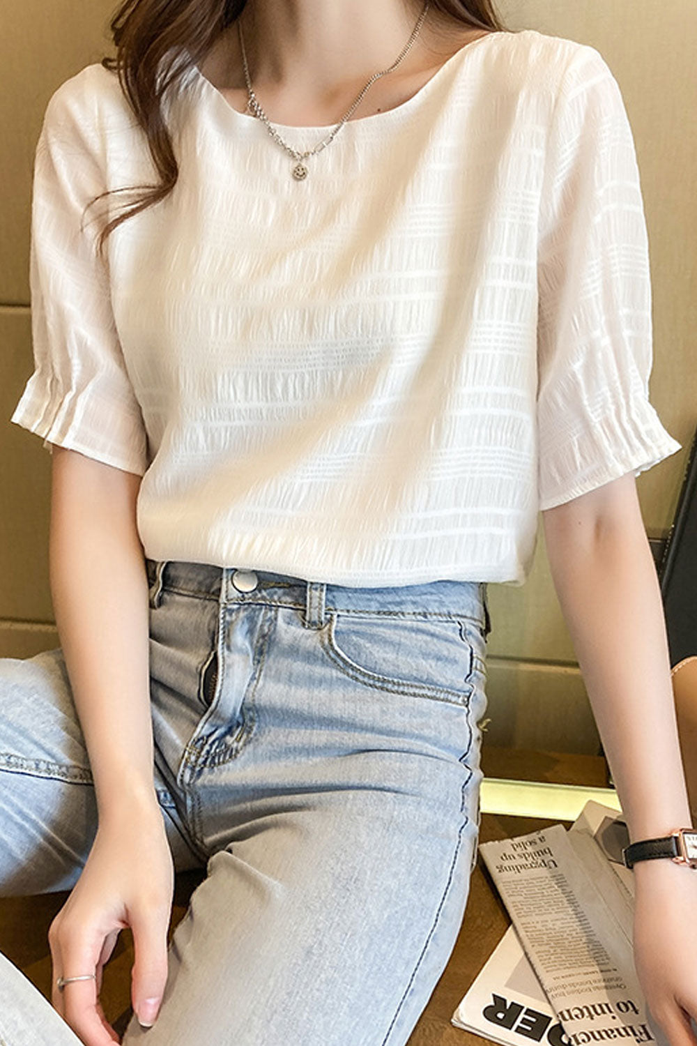 Women New Fashion Beautiful Round Neck Short Lantern Sleeves Temperament Solid Color Summer Sweet Style Super Fairy Loose type C