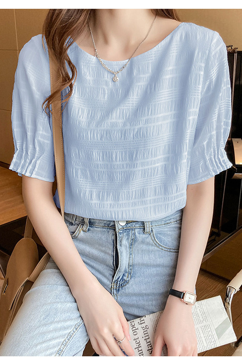 Women New Fashion Beautiful Round Neck Short Lantern Sleeves Temperament Solid Color Summer Sweet Style Super Fairy Loose type C