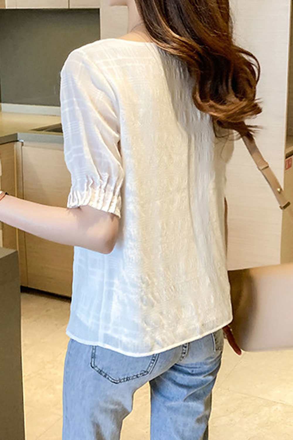 Women New Fashion Beautiful Round Neck Short Lantern Sleeves Temperament Solid Color Summer Sweet Style Super Fairy Loose type C