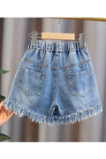 Kids Girls New Pearl Denim Tessel Loose Style Casual Summer Shorts