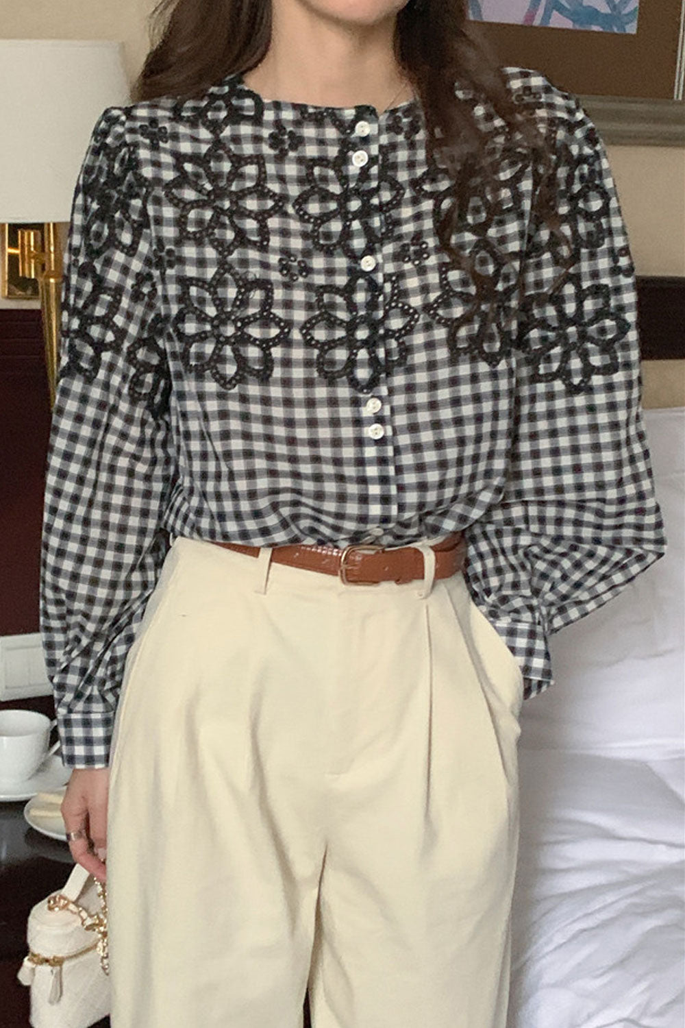 Women New Fashion Beautiful Embroidery Round Neck Long Sleeved Plaid Pattern Fresh and Sweet Style Summer Button Loose Casual Sh