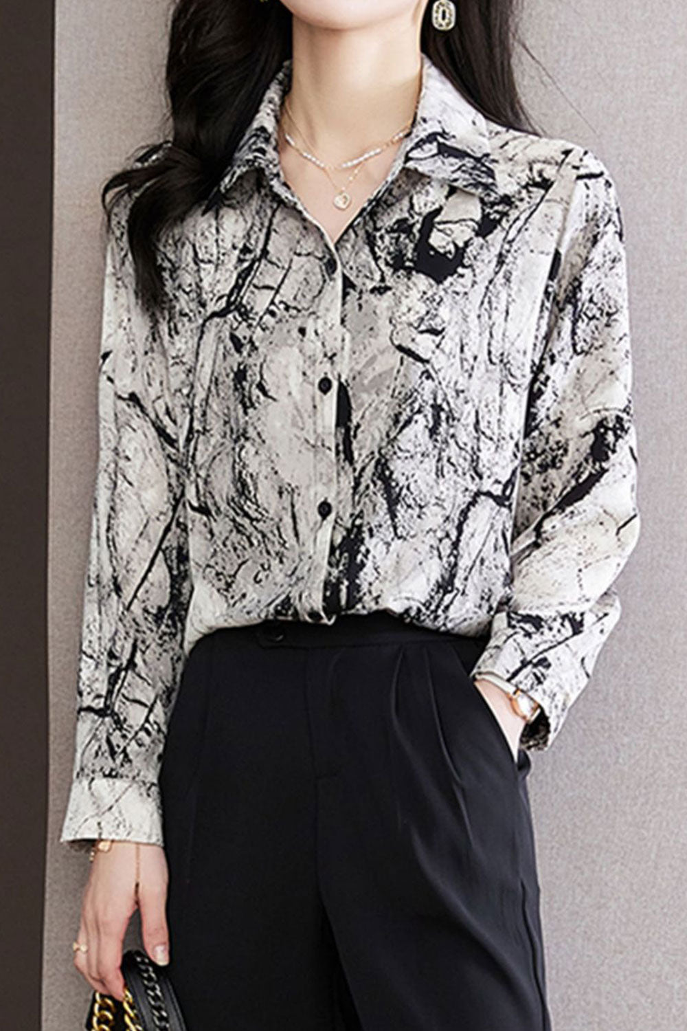Women New Fashion Beautiful Collar Neck Long Sleeved Ink Painting Pattern Commuter Style Summer High-end Printed Chiffon Top