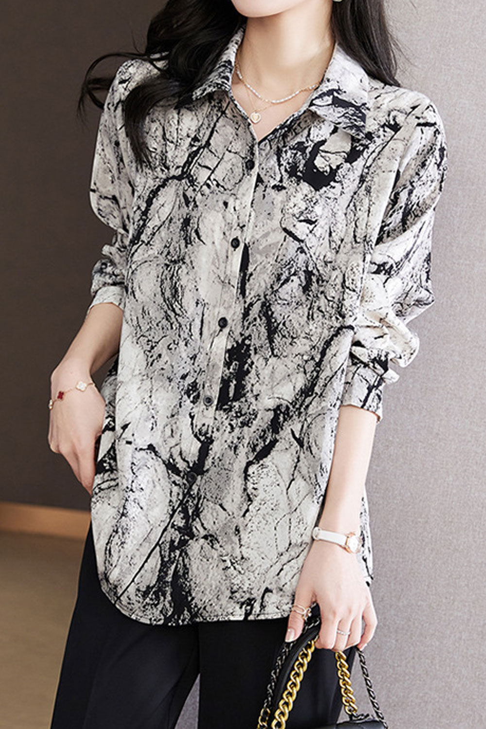 Women New Fashion Beautiful Collar Neck Long Sleeved Ink Painting Pattern Commuter Style Summer High-end Printed Chiffon Top