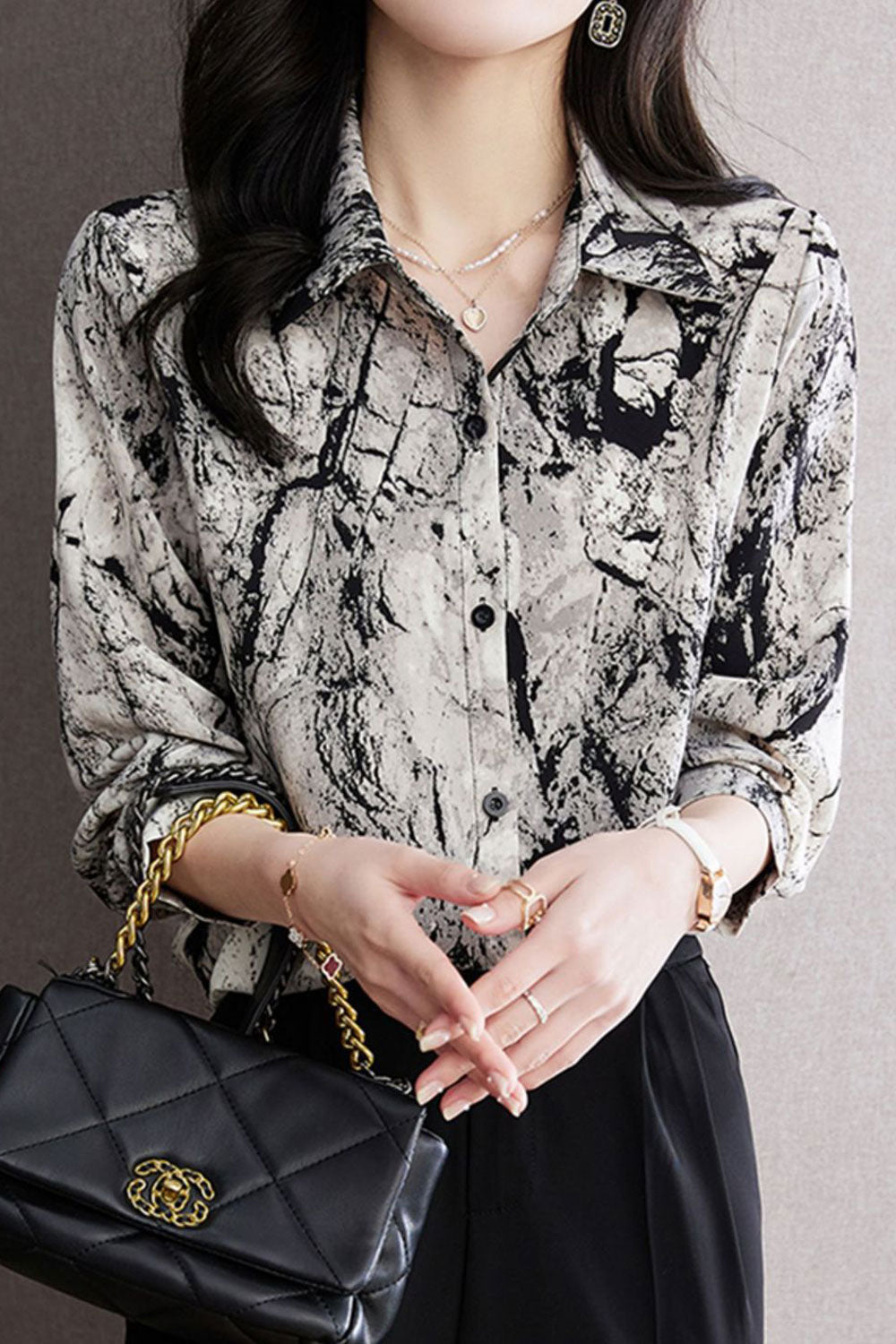 Women New Fashion Beautiful Collar Neck Long Sleeved Ink Painting Pattern Commuter Style Summer High-end Printed Chiffon Top