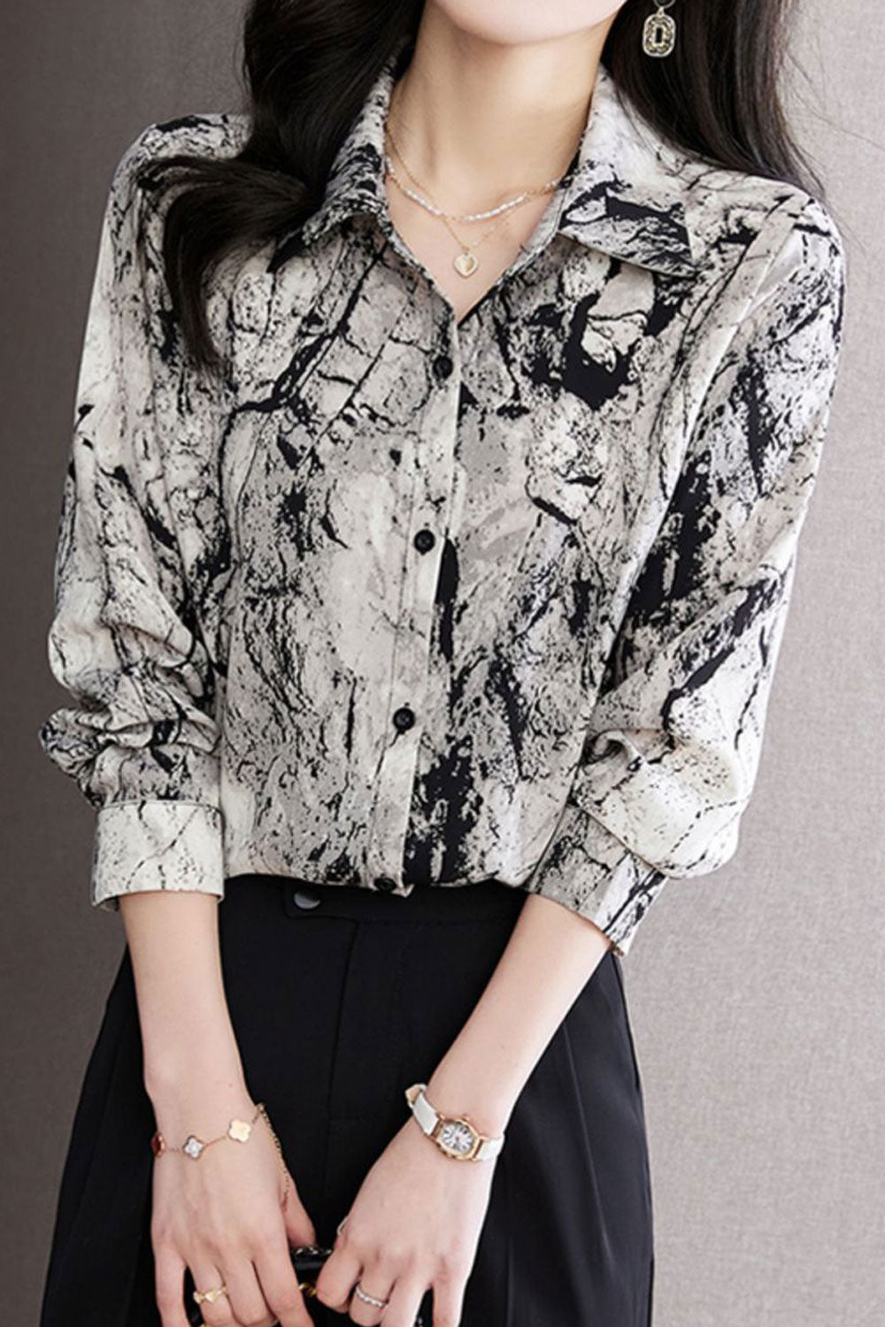 Women New Fashion Beautiful Collar Neck Long Sleeved Ink Painting Pattern Commuter Style Summer High-end Printed Chiffon Top