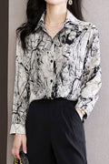 Women New Fashion Beautiful Collar Neck Long Sleeved Ink Painting Pattern Commuter Style Summer High-end Printed Chiffon Top