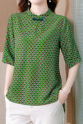 Women New Fashion Cotton and Linen Stand Collar Round Neck Short Sleeves Elegant Style Retro Printed Summer Top