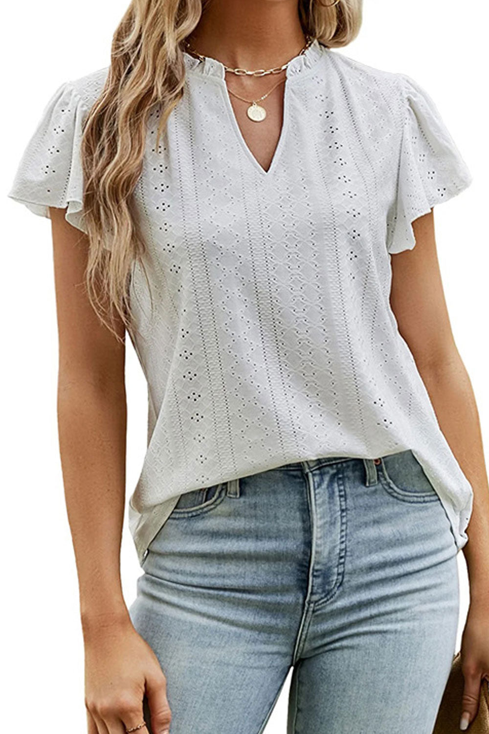 Women New Fashion Jacquard V-Neck Pile Short Sleeves T-Shirt Summer Casual Top