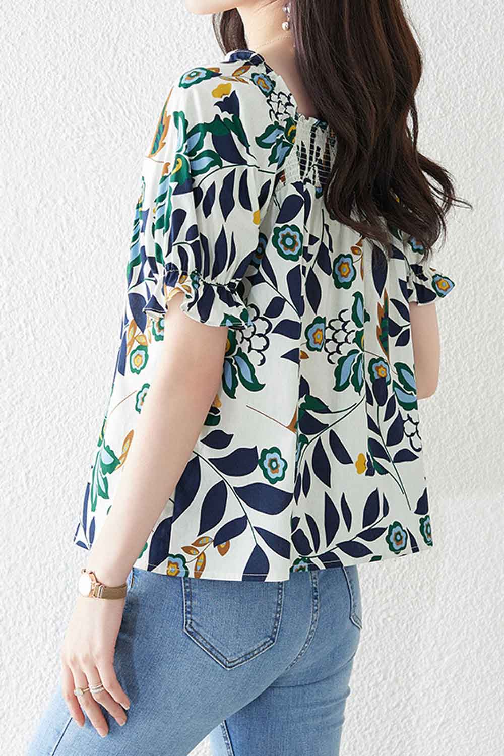Women New Design Fashionable Square Neck Short Ruffled Sleeves Plant Flowers Pattern Elegant Style Summer Loose Belly Cover Casu