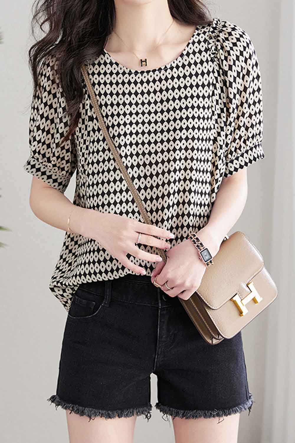 Women New Niche Sense Design Fashionable Round Neck Short Puff Sleeves Polka Dots Printed Pattern Summer Casual Loose type Beaut