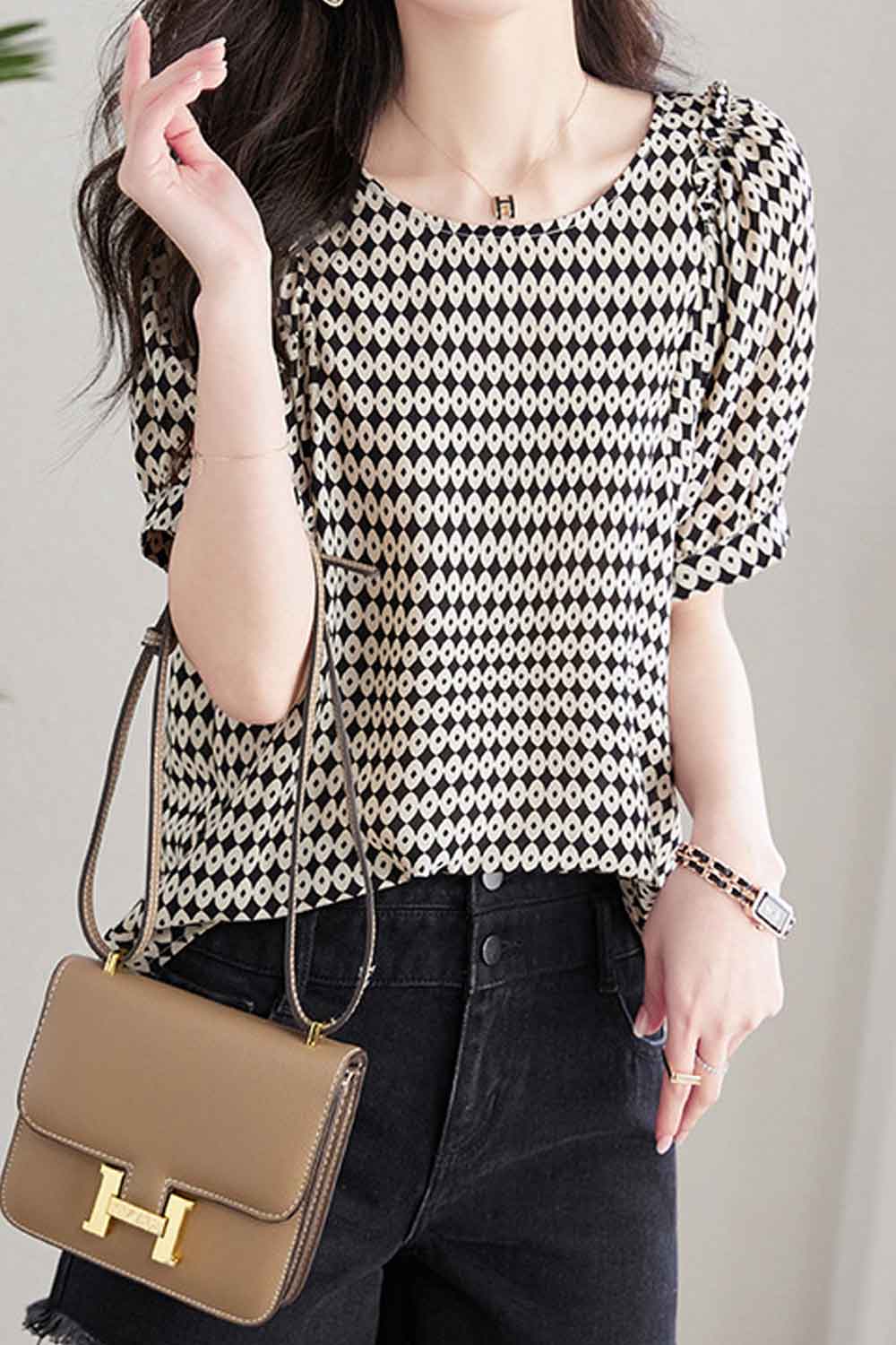 Women New Niche Sense Design Fashionable Round Neck Short Puff Sleeves Polka Dots Printed Pattern Summer Casual Loose type Beaut