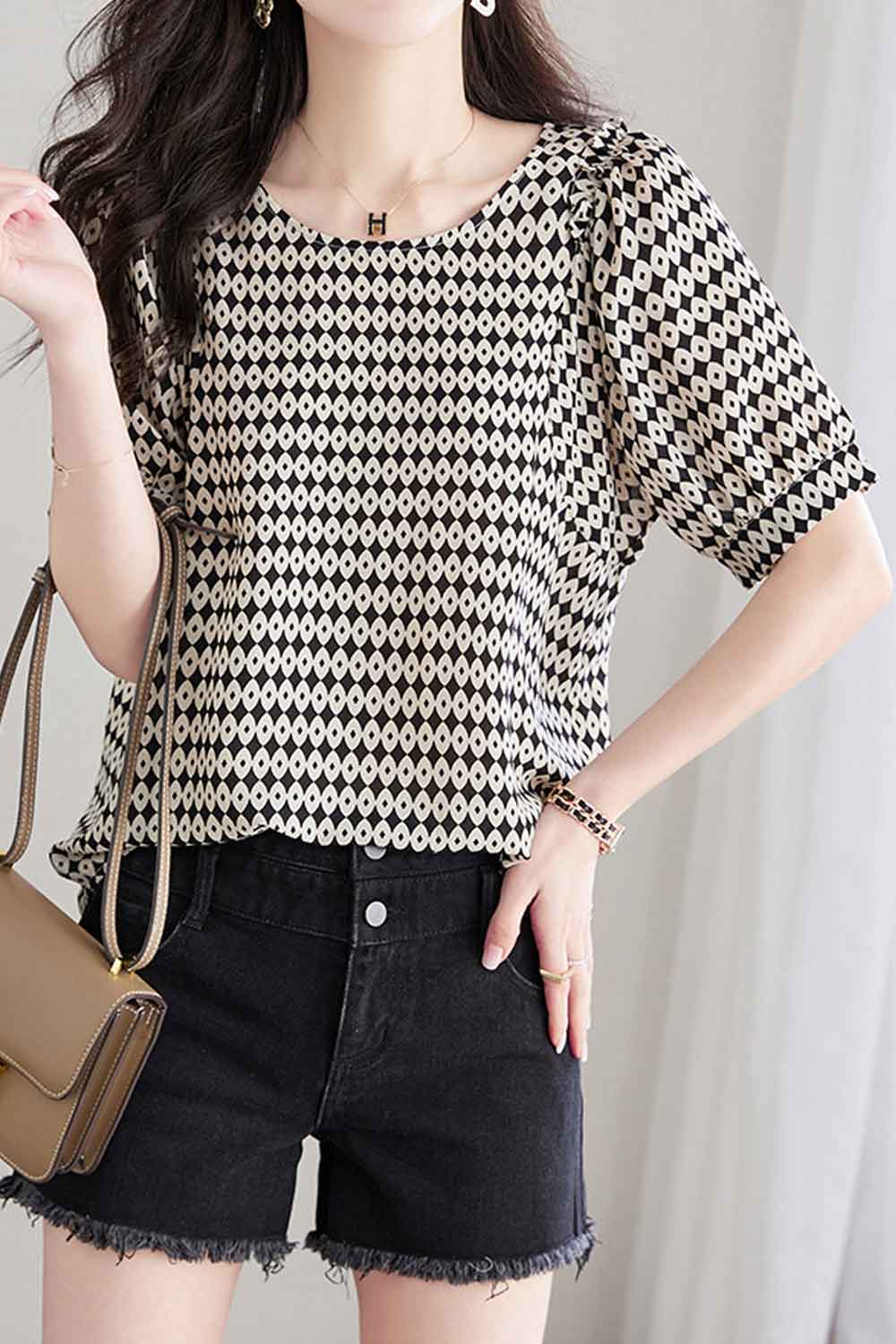 Women New Niche Sense Design Fashionable Round Neck Short Puff Sleeves Polka Dots Printed Pattern Summer Casual Loose type Beaut