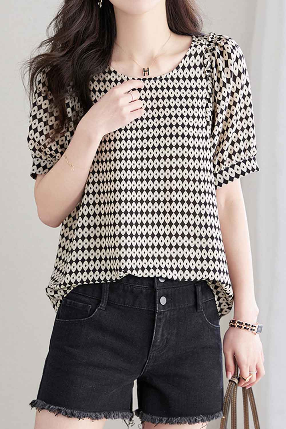 Women New Niche Sense Design Fashionable Round Neck Short Puff Sleeves Polka Dots Printed Pattern Summer Casual Loose type Beaut