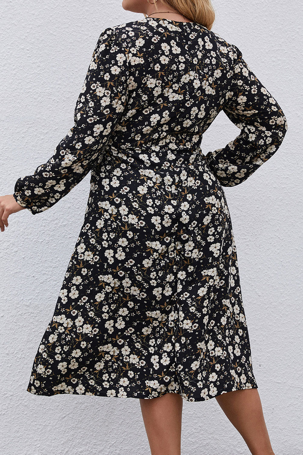 Women Plus New Design Fashionable V-Neck Long Sleeves Floral Printing Pattern OL Commuting Style Summer Casual Big Swing Skirt D