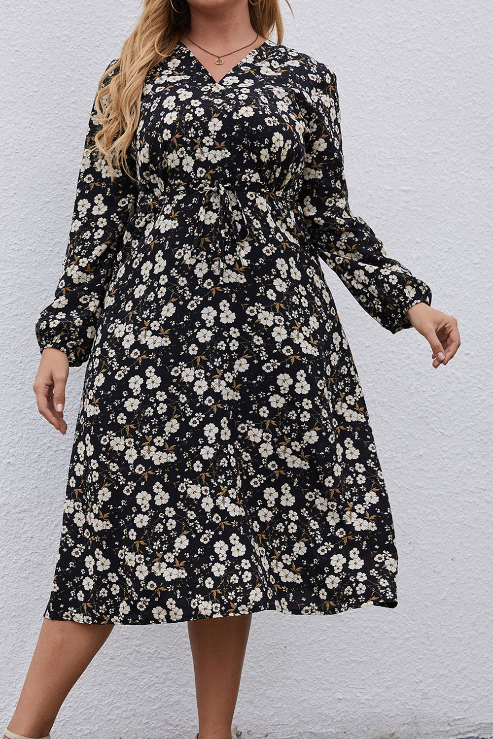 Women Plus New Design Fashionable V-Neck Long Sleeves Floral Printing Pattern OL Commuting Style Summer Casual Big Swing Skirt D