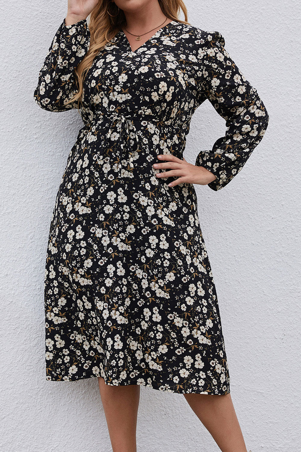 Women Plus New Design Fashionable V-Neck Long Sleeves Floral Printing Pattern OL Commuting Style Summer Casual Big Swing Skirt D