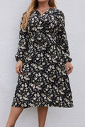 Women Plus New Design Fashionable V-Neck Long Sleeves Floral Printing Pattern OL Commuting Style Summer Casual Big Swing Skirt D