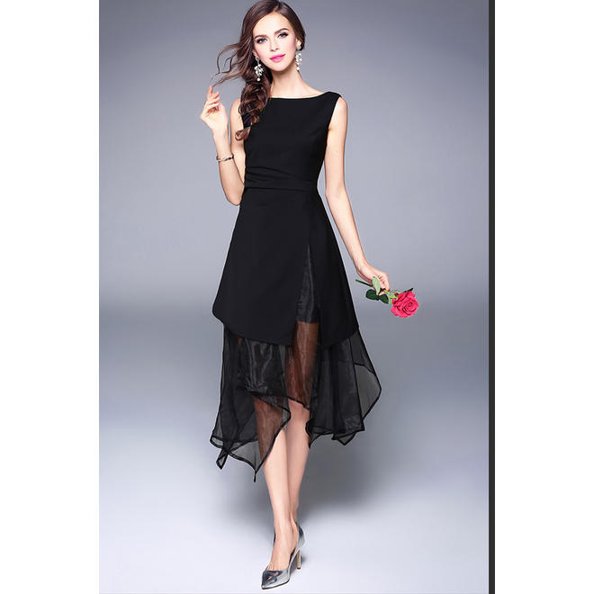 Women Long Beautiful Irregular Shape Chiffon Dress Black