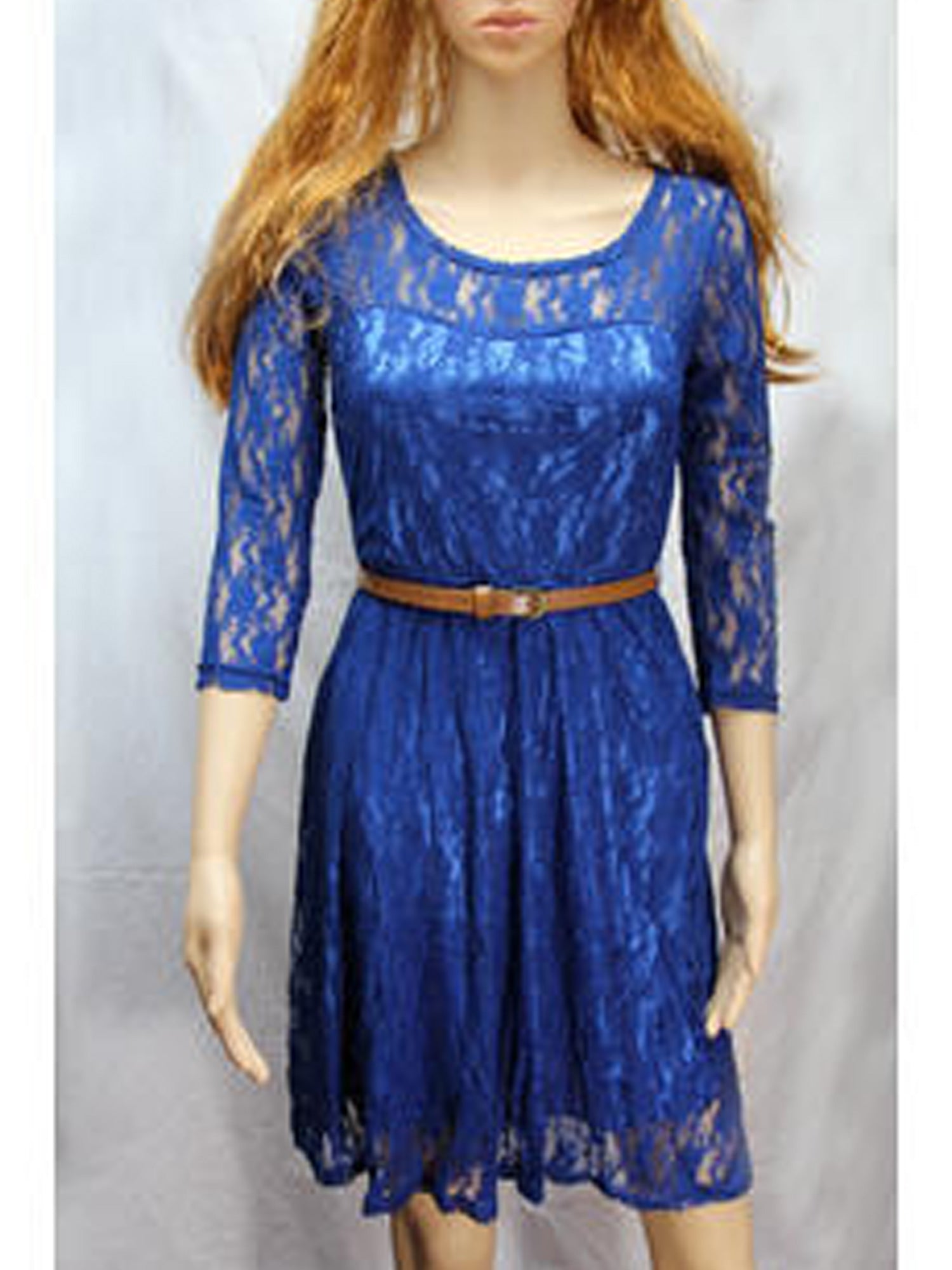 Women Crochet Lace Round Neck Pleated Skirt Dress