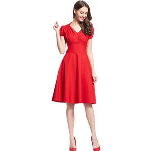 Women Short Sleeved Big Swing V-neck Dress