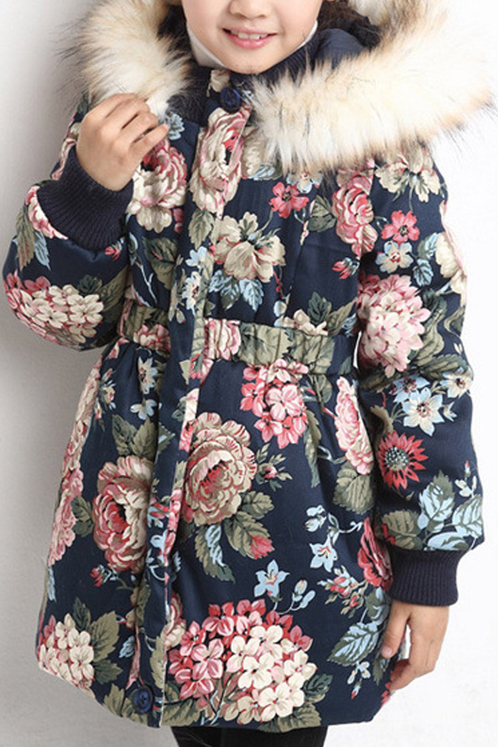 Kids Girls Lovely Flower Pattern Cozy Windbreaker Cotton Thick Long Sleeve Padded Jacket