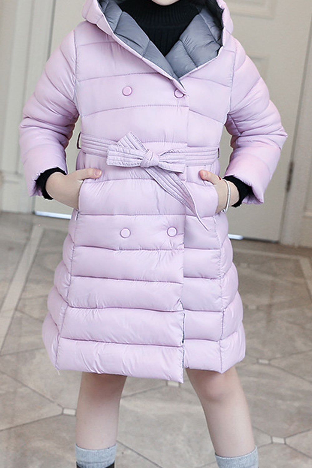Kids Girls Mid Length Breathable Hooded Neck Long Sleeve Warm Winter Season Padded Jacket