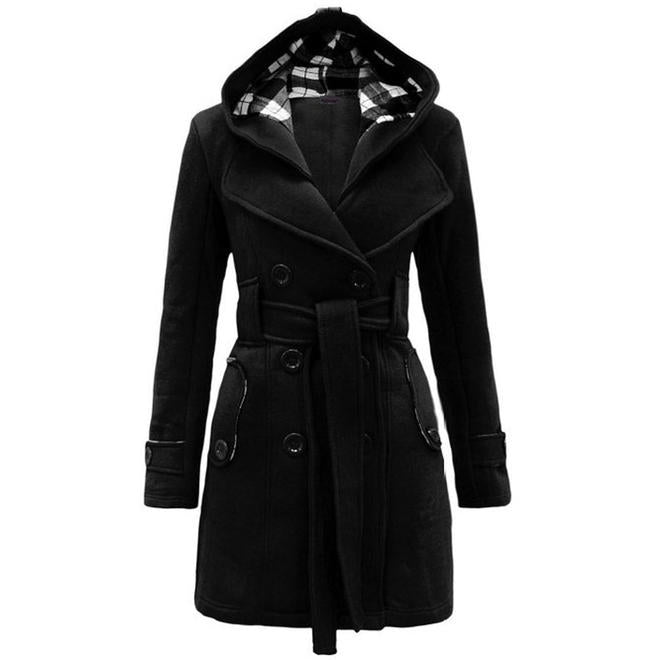 Women Stylidh Plaid Hooded Solid Color Autumn & Winter Coat