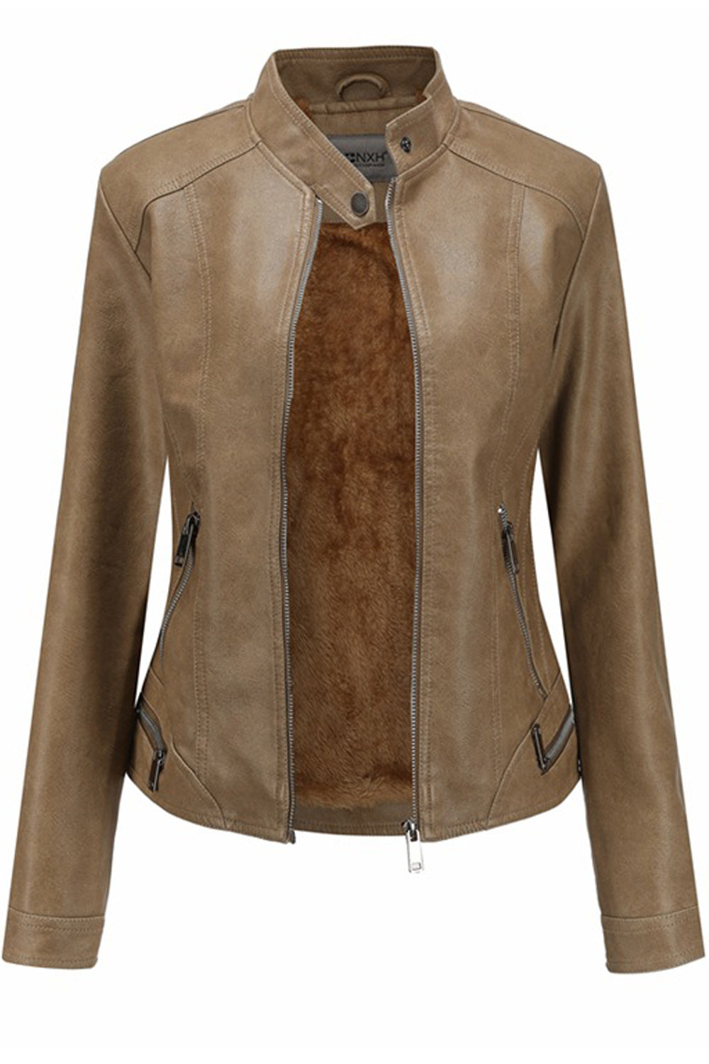 Women Comfy Zipper Closure Elegant Solid Pattern Long Sleeve Leather Jacket