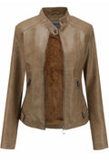 Women Comfy Zipper Closure Elegant Solid Pattern Long Sleeve Leather Jacket