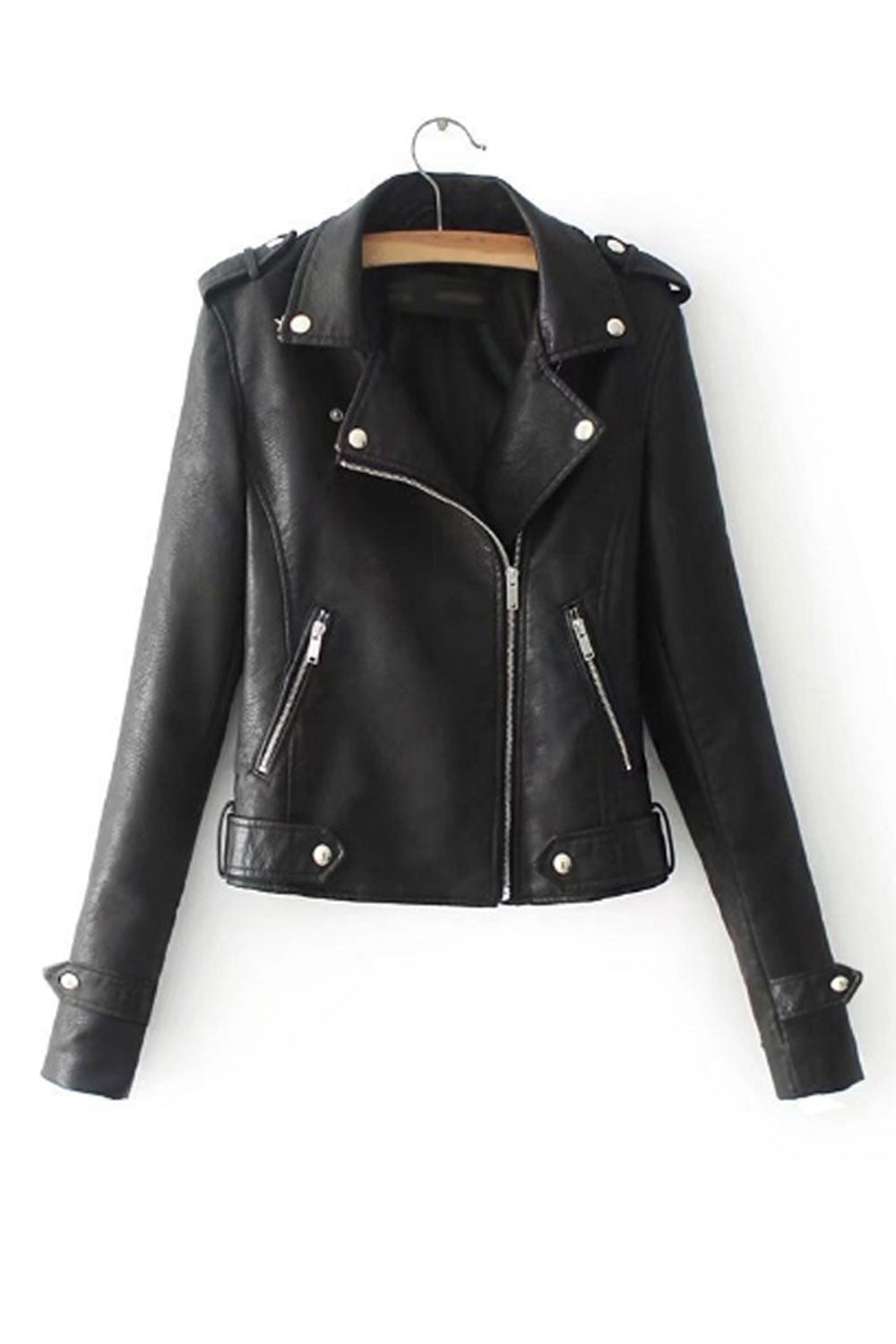 Women Solid Colored Thick Long Sleeve Collar Neck PU Leather Jacket