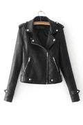Women Solid Colored Thick Long Sleeve Collar Neck PU Leather Jacket