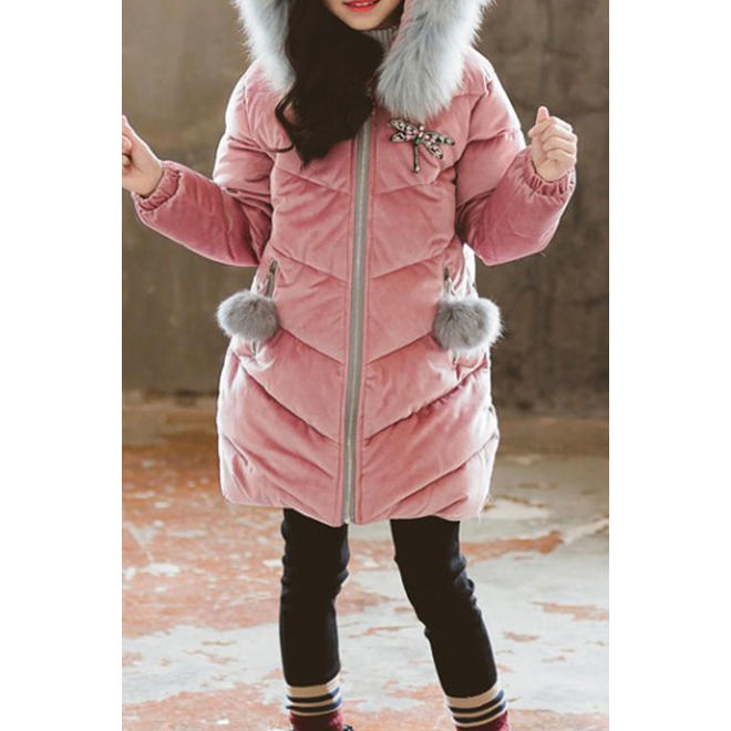 Kids Girls Long Sleeve Hair Ball Decorated Padded Jacket